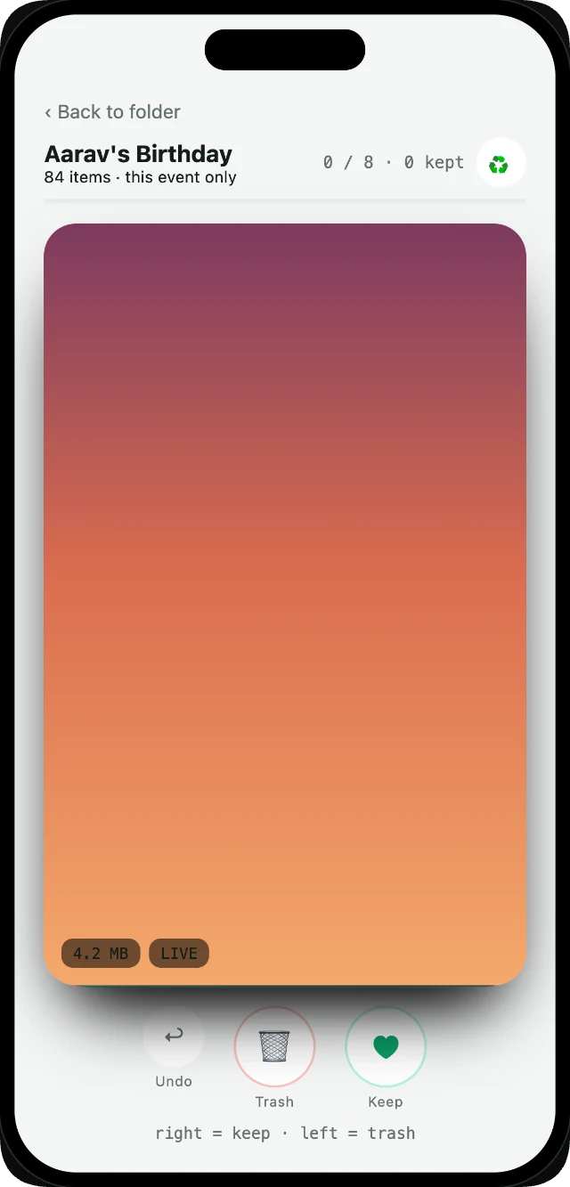Alpha Gallery swipe-to-clean screen