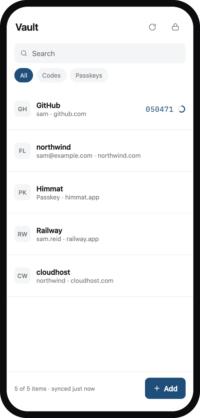 Alpha Password vault list with one-time codes