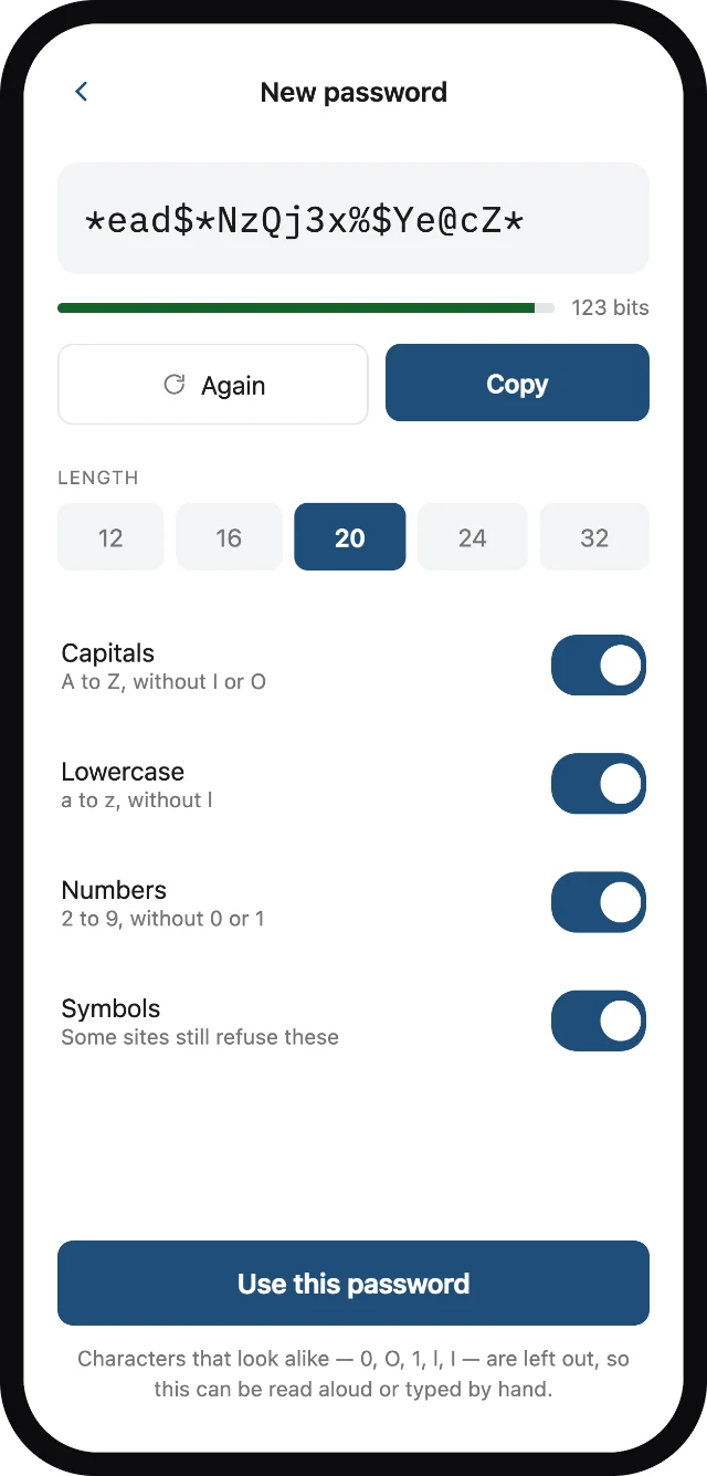 Alpha Password generator screen