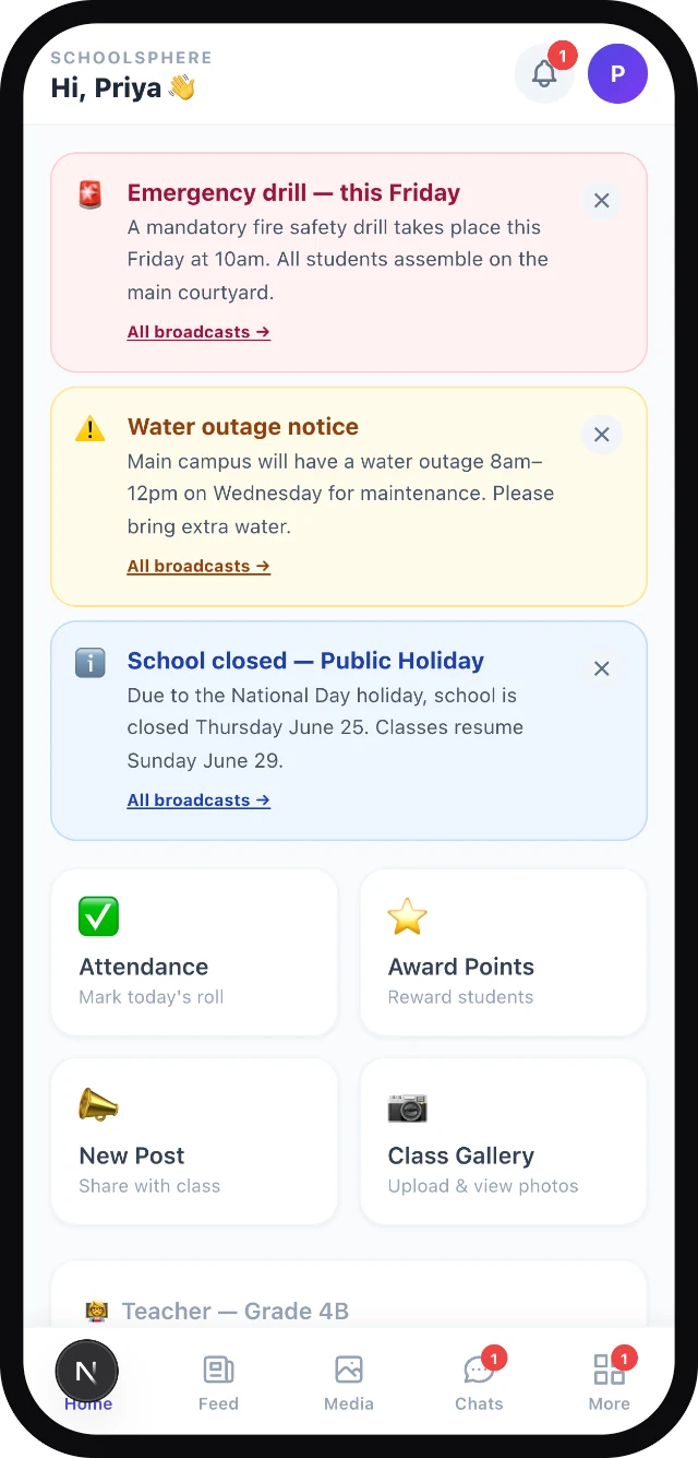 School Sphere staff dashboard with broadcasts and quick actions