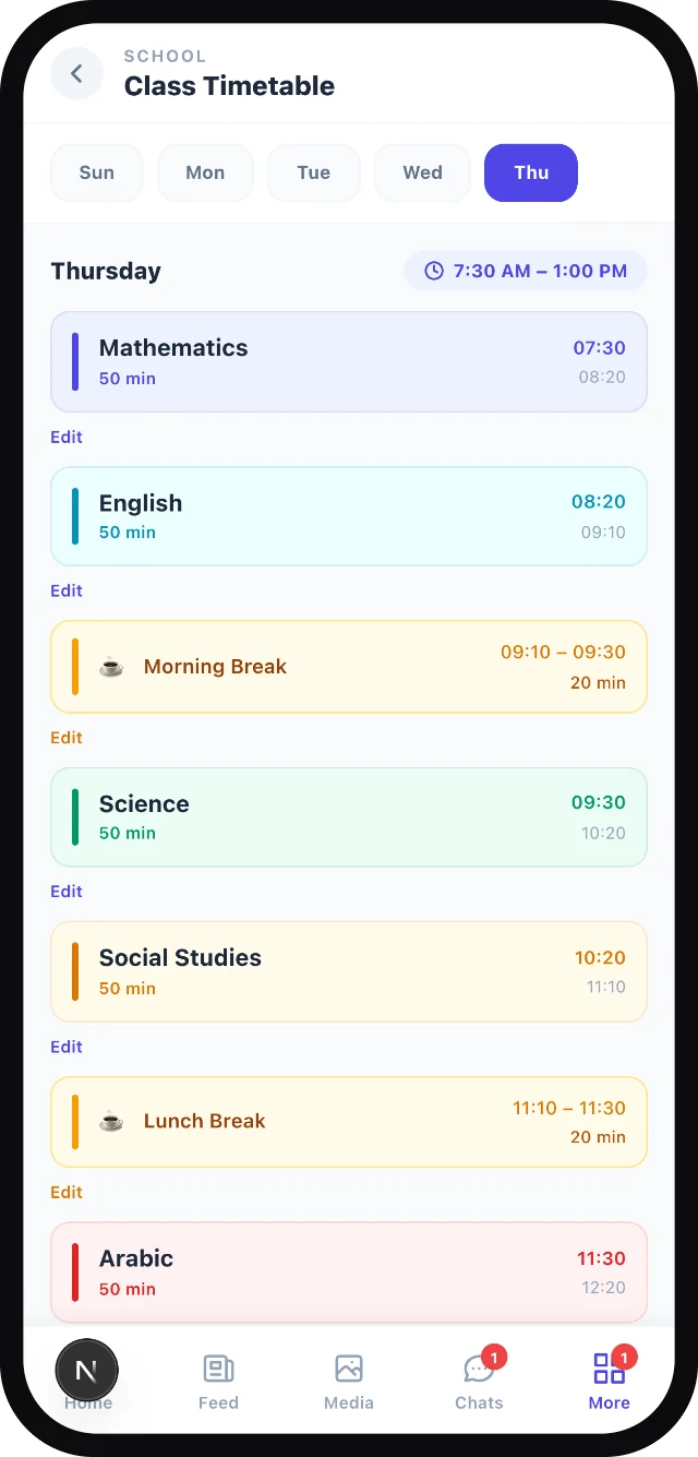 School Sphere class timetable screen